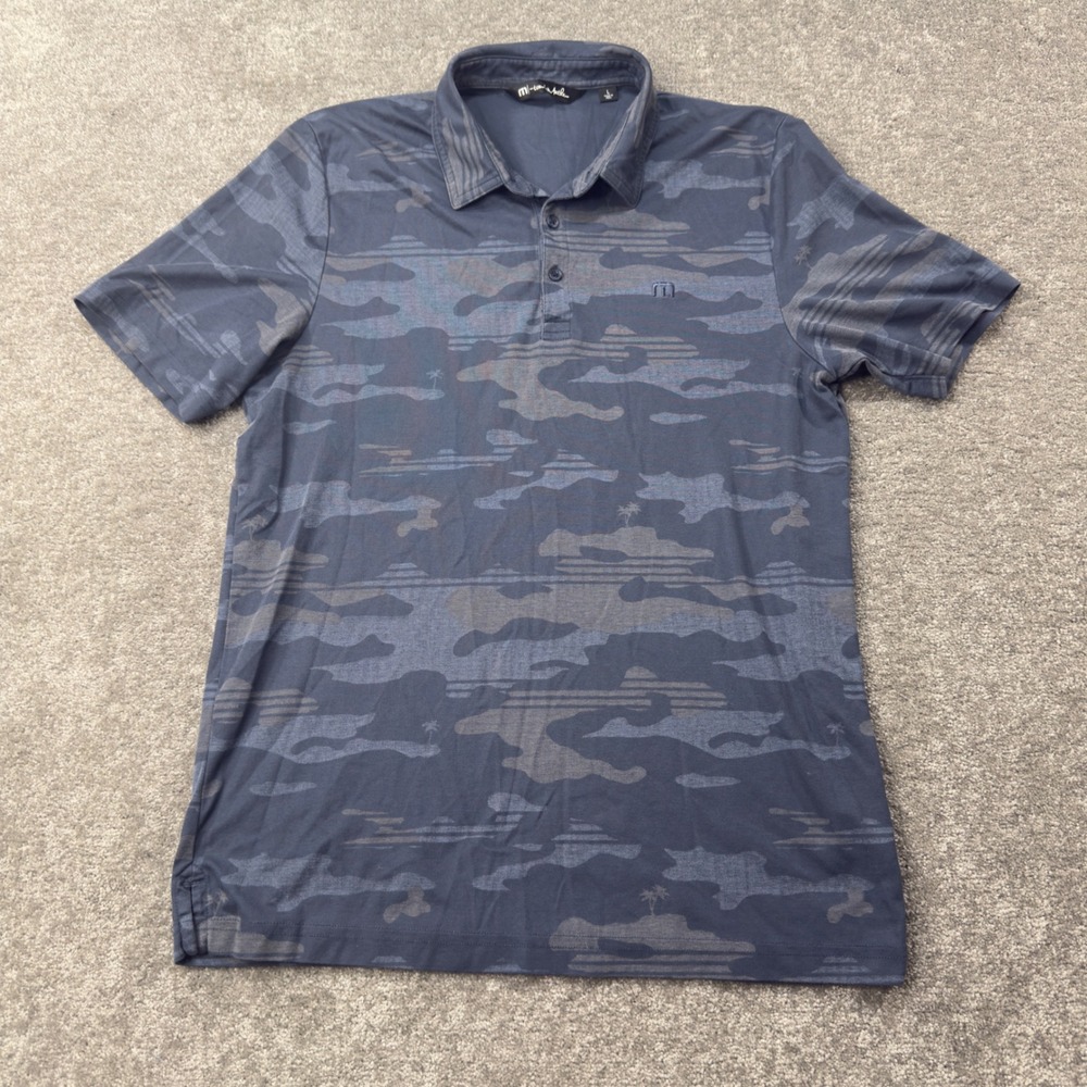 TravisMathew Polo Shirt Mens Large Blue Camo‎ Palm Tree Golf Performance 1MX450
